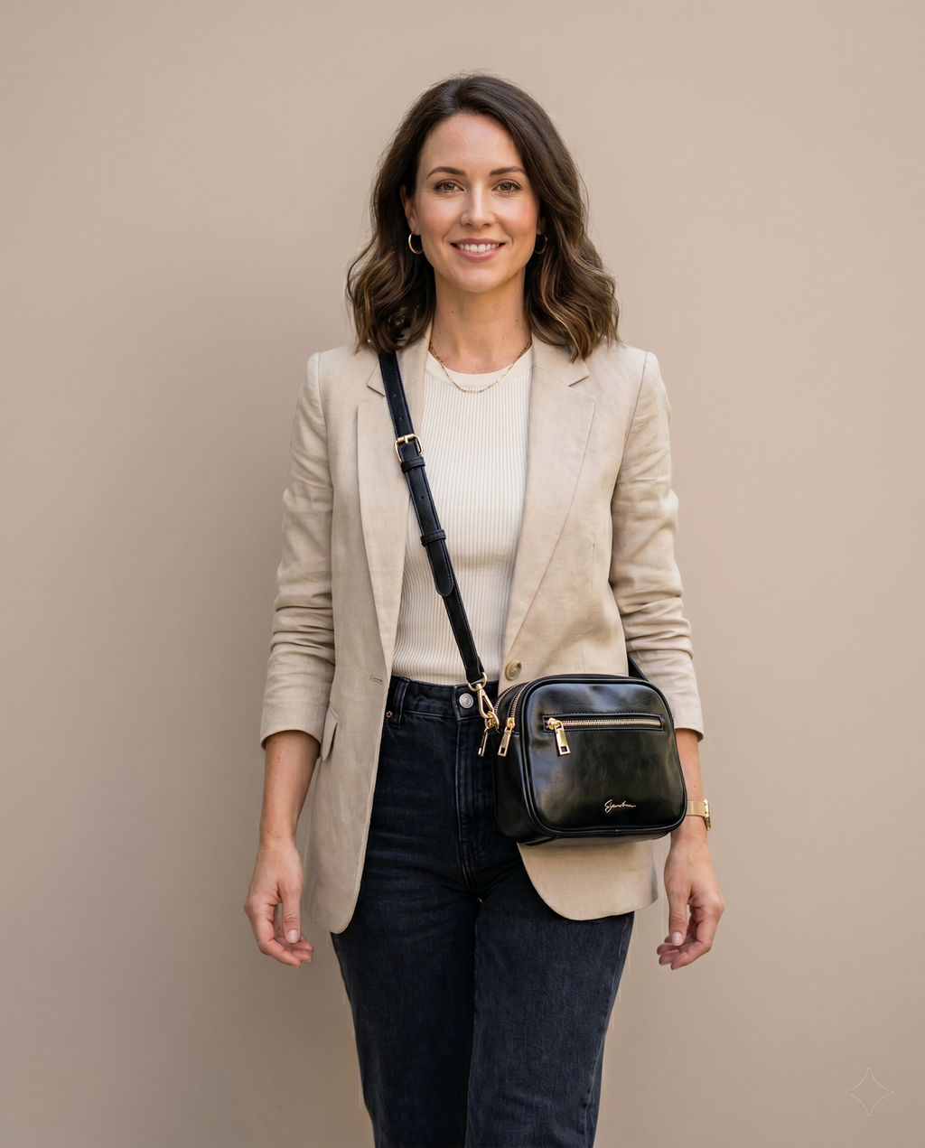 Black Multi-Zip Crossbody Bag with Gold Hardware