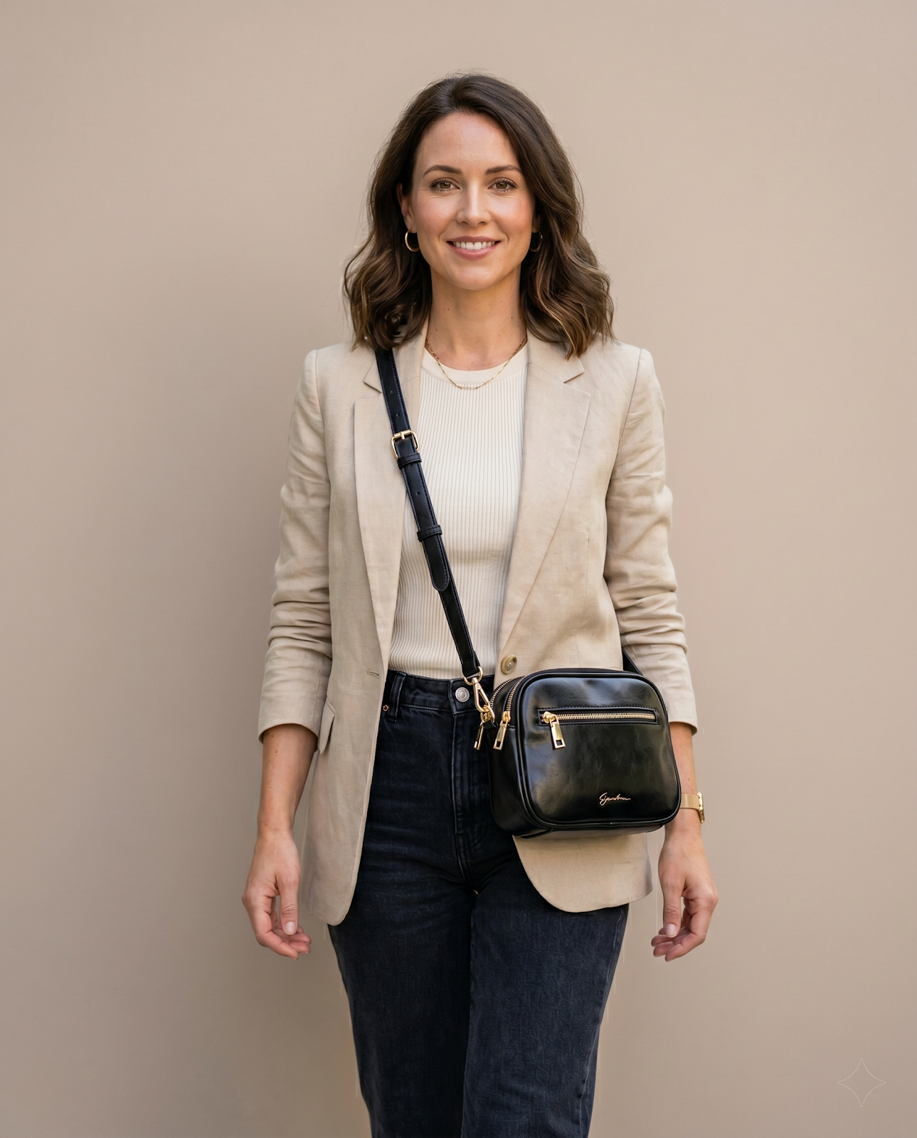 Black Multi-Zip Crossbody Bag with Gold Hardware