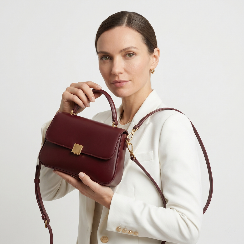 Burgundy Structured Top Handle Crossbody Bag