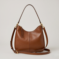 Brown Leather-Look Hobo Shoulder Bag with Gold-Tone Hardware