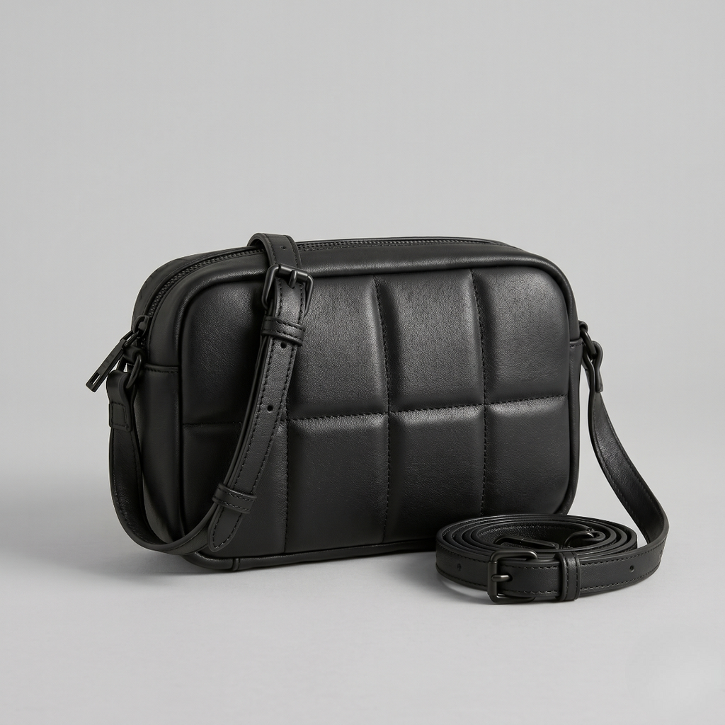 Black Quilted Leather-Look Crossbody Bag with Adjustable Strap