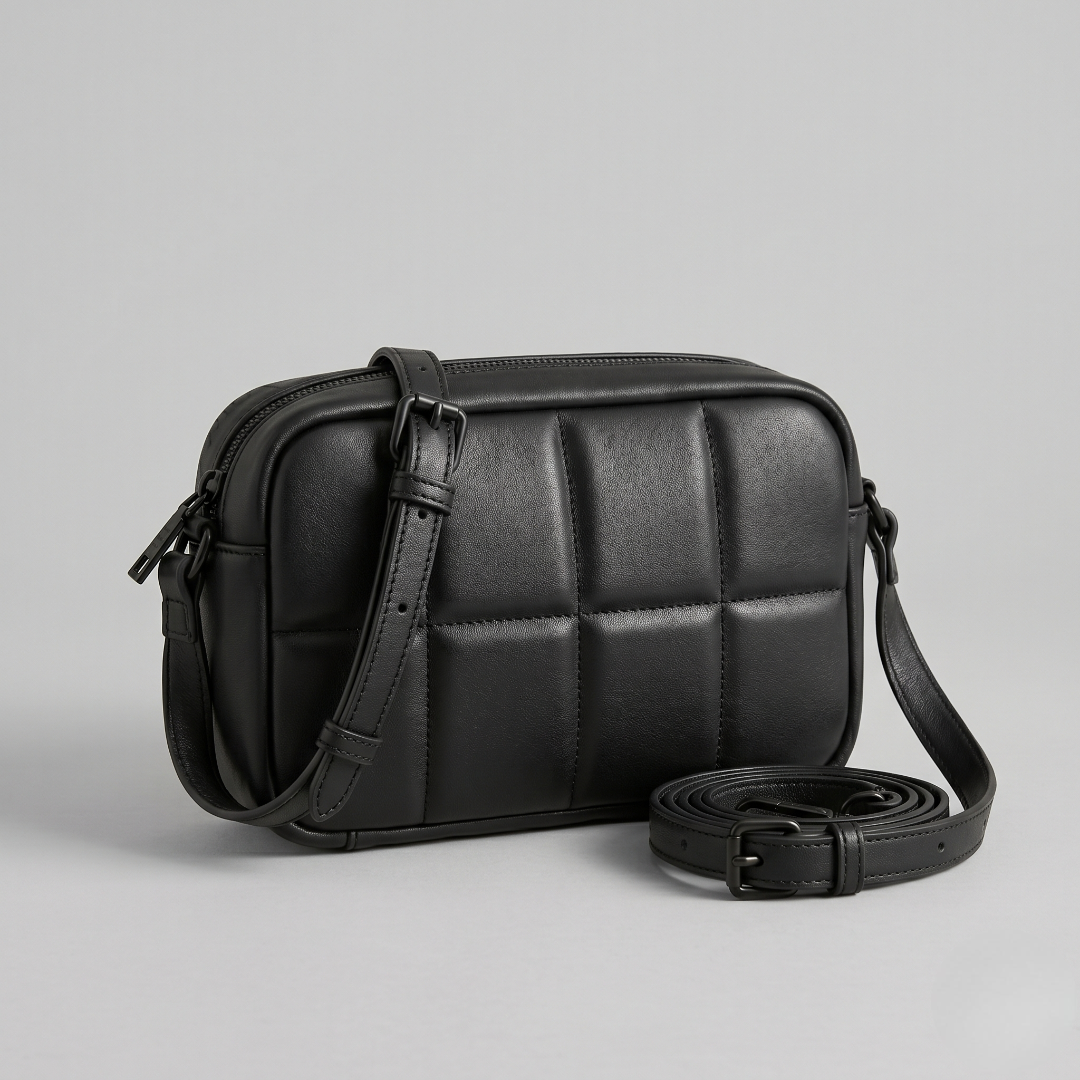 Black Quilted Leather-Look Crossbody Bag with Adjustable Strap
