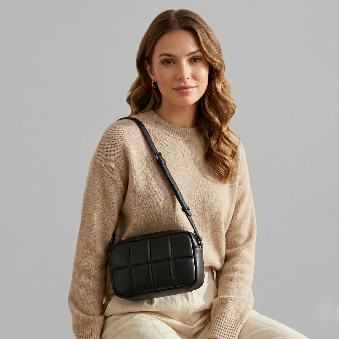 Black Quilted Leather-Look Crossbody Bag with Adjustable Strap